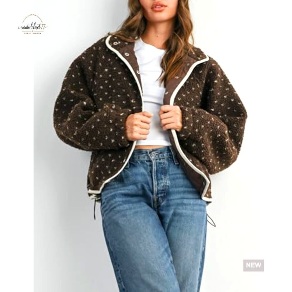 Women's Fleece Jacket Button Down Lapel Collar Sherpa Quilted Outerwear - Picture 5 of 7